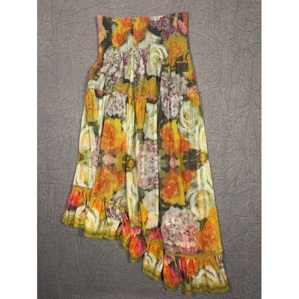 Lapis Womens Floral Mesh Tiered Asymmetrical Maxi Skirt Smocked Waist Medium - Picture 4 of 9